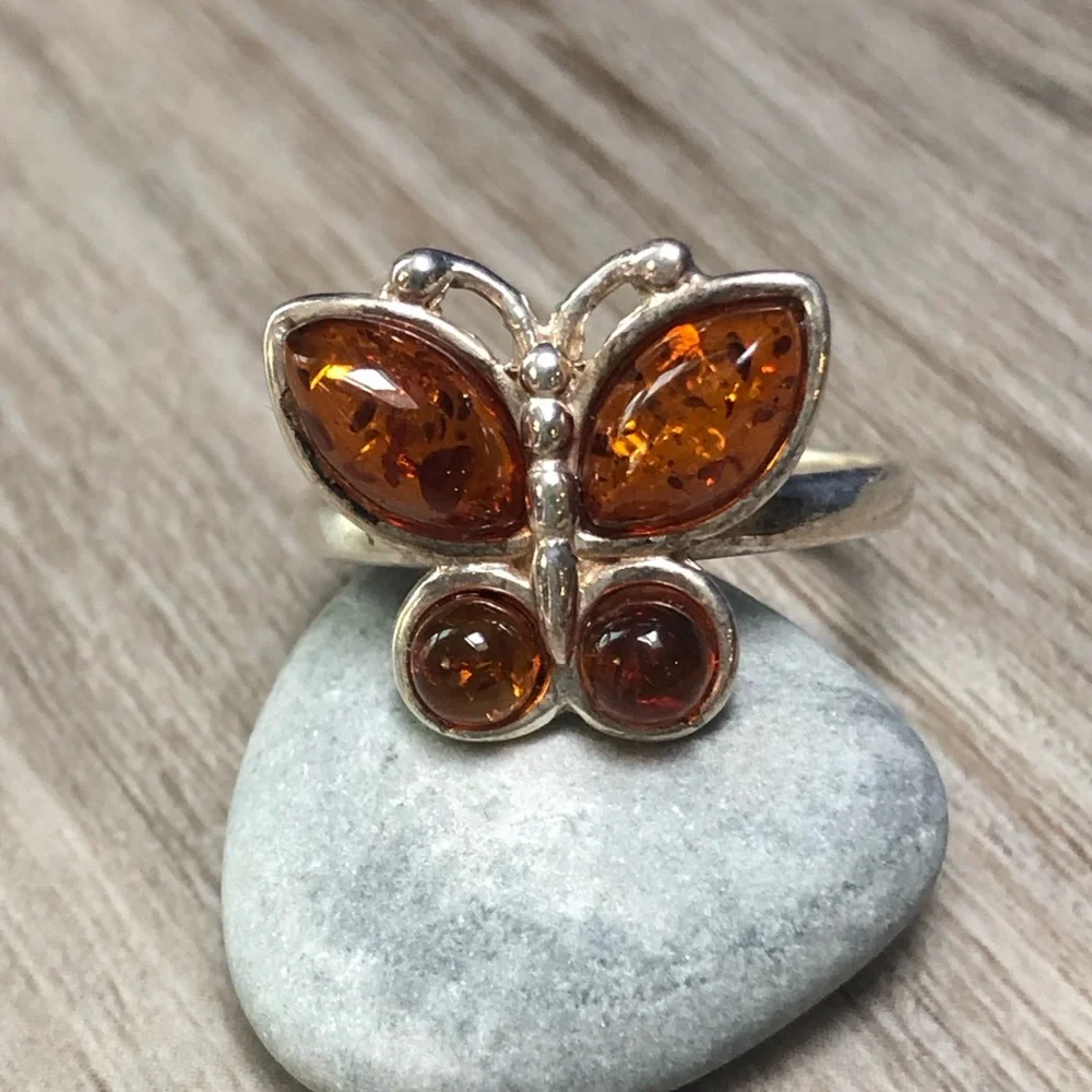 Amber Sterling Butterfly Ring 9 - Picture 2 of 9